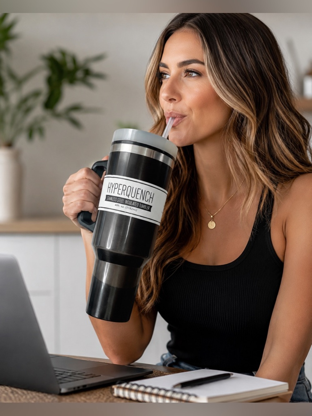 HyperQuench 40 oz Stainless Steel Insulated Tumbler with Handle & Straw – Black